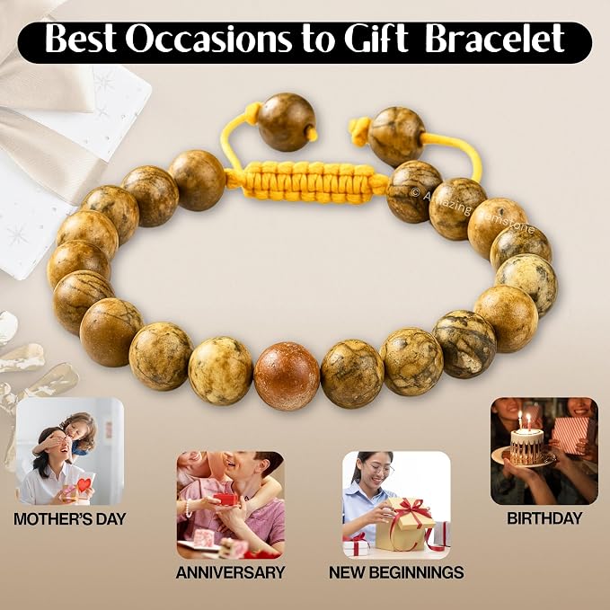 Amazing Gemstone Picture Jasper Bracelet for Women Men's Gifts - Protection Healing Crystal Bracelet - 8mm Beaded Adjustable Bracelet Pulseras para Hombres Mujer Stocking Stuffers