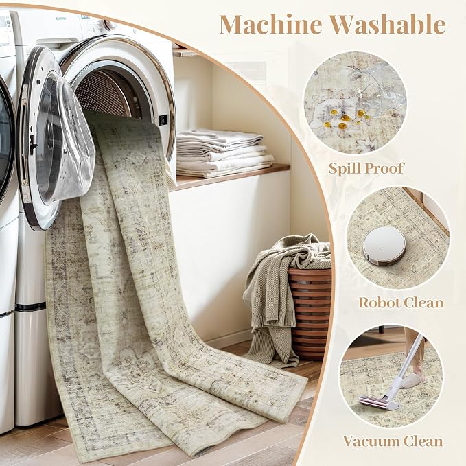 LIVEBOX Bedroom 4x6 Washable Area Rug for Entryway Kitchen, Non-Slip Soft Boho Rugs for Dining Room Office, Farmhouse Low-Pile Neutral Soft Carpet for Nursery Room Playroom, Tan