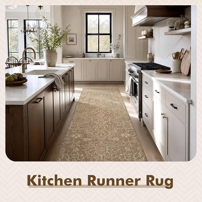 MontVoo-2x6 ft Indoor Outdoor Runner Rugs for Entryway Porch Hallway Kitchen Door Entrance Long, Textured Weave Polypropylene, Durable for High Traffic, Fade-Resistant, Vintage Medallion Neutral Brown