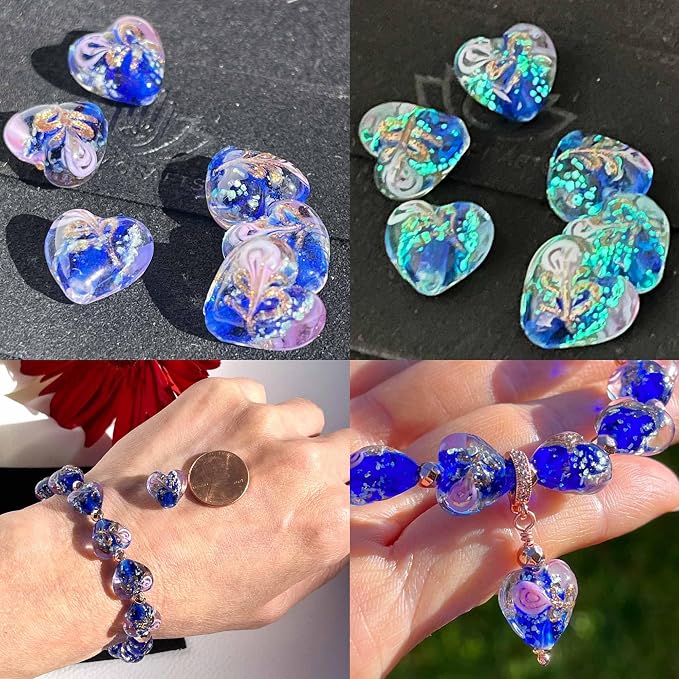 Artsy Crafts 20 Pcs Assorted Glow in The Dark Firefly Beads 12mm European Lampwork Luminous Glass Beads for Jewelry Making Charm Bracelet Necklace Earrings Crafts (Heart - Mix)
