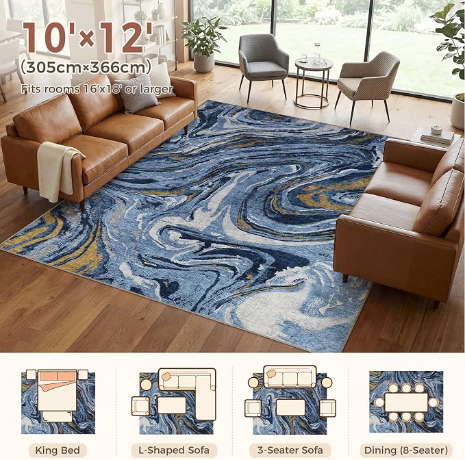 DMOYEST 10x12 Area Rug for Living Room - Washable Neutral Modern Abstract Rugs Soft Non-Slip Carpet Low Pile Indoor Floor Mat for Bedroom & Dining Room Decor for Families with Kids and Pet- Dark Blue