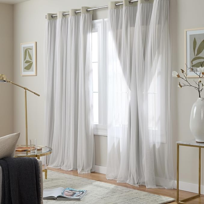 TOWN & COUNTRY LUXE Talia Double Layer Indoor Curtains, Sheer and Room Darkening Blackout, Grommet Top, Energy Efficient, 2-Pack Set, 52"x96", Cloud Grey