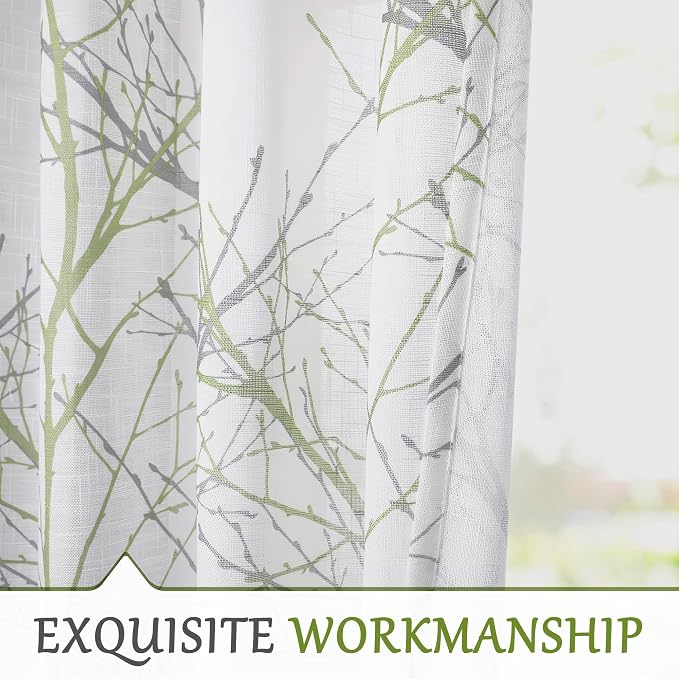 FMFUNCTEX Linen Sage Green White Semi Sheer Print Curtains 96 Inch 2 Panels | Tree Branch Sheer Patterned Drapes, Light Filtering Grommet Panels for Bedroom, Living Room, Kitchen, and Farmhouse Curtain