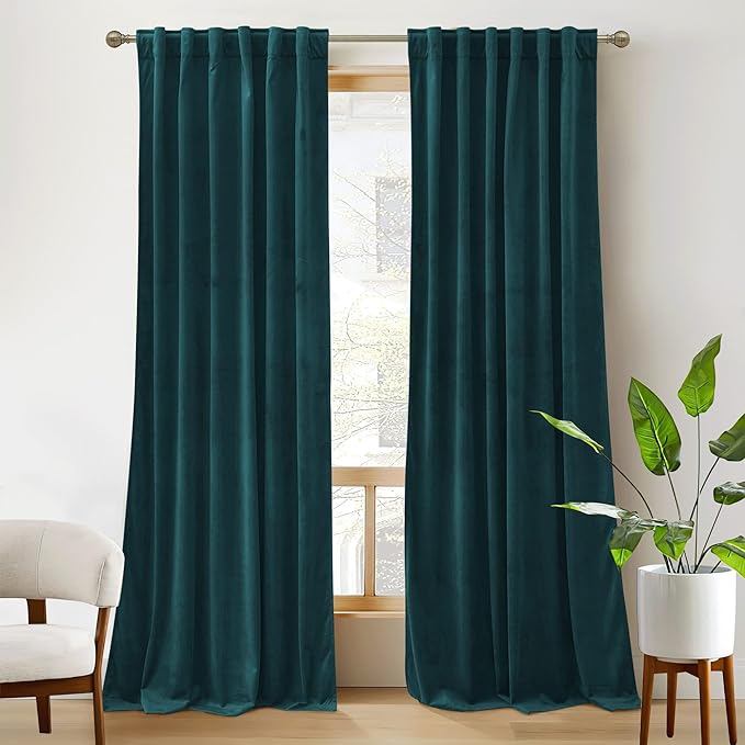 RYB Home Velvet Curtains 2 Panels Set 90 inches - Super Soft Durable Window Drapes Room Darkening Energy Smart Back Tab for Apartment Villa Room Backdrops, Peacock Blue, W52 x L90, 2 Panels