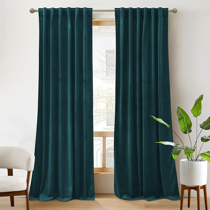 RYB HOME Teal Velvet Curtains 80 inches, Back Tab Soft Fabric Room Darkening Thermal Insulated Luxurious Home Decor Curtains for Living Room Bedroom, W 52" x L 80", 2 Panels Set