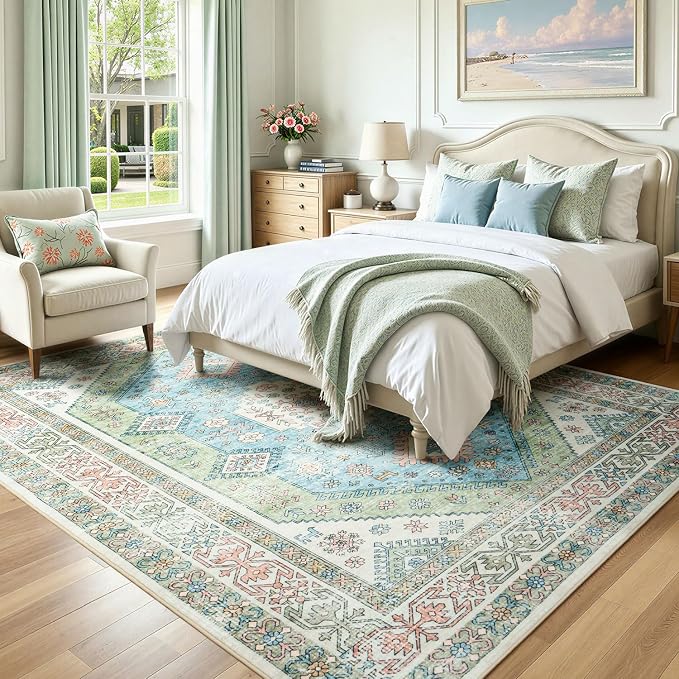 Lofus Vintage Living Room Rugs 8x10, Soft Machine Washable Area Rug for Bedroom Indoor Floor Home Office House Decor, Oriental Traditional Distressed Farmhouse Carpet, Boho Sage Green and Light Blue