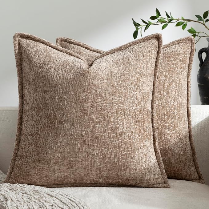 DEZENE Pack of 2 Khaki Decorative Throw Pillow Covers 22x22 Cozy Soft Chenille Accent Vintage Square Couch Pillow Covers for Home Decor Bed Sofa Living Room