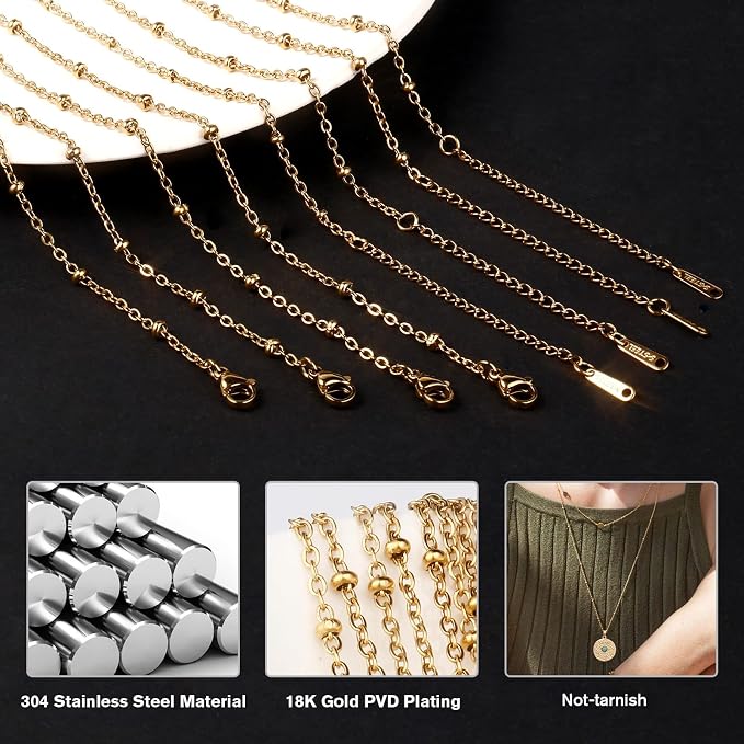 Cadikez 24PCS Gold Satellite Chain Necklace Bulk, 2mm 18inch 18K Gold PVD Plated Stainless Steel Finished Beaded Cable Link Chains for Necklace Jewelry Making