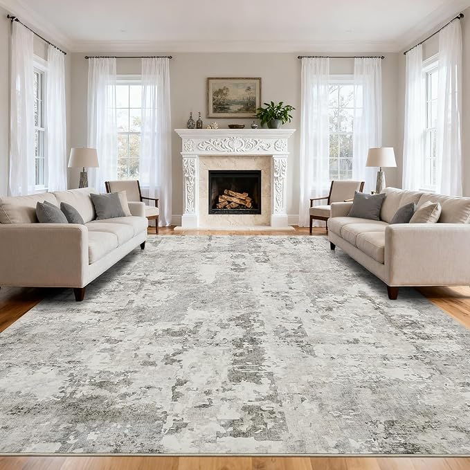 GarveeHome 9x12 Abstract Area Rugs Neutral Beige Washable Living Room Rug | Abstract Low Pile Non Slip Rug Modern Floor Mat Carpet Indoor Accent Rug for Dining Room Playroom Nursery Home Decor