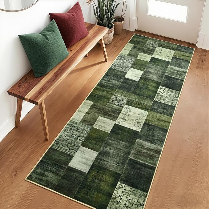 DweIke Runner Rug for for Hallways, 2'x6' Washable Kitchen Rugs with Non Slip Rubber Backing, Soft Low Pile Non-Shedding Geometric Carpet for Laundry Bedroom Bathroom, Green