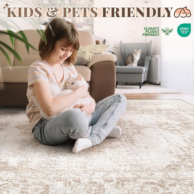 Area Rug 2x6 Runner Rug: Washable Vintage Hallway Rugs Indoor Medallion Rug Low Pile Distressed Floor Carpet Retro Accent Rugs for Kitchen Bedroom Bathroom Dining Room(Beige, 2'x6')