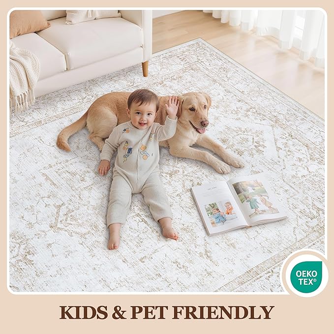 5x7 Area Rugs for Bedroom:Beige Washable Vintage Medallion Rug Non-Slip Soft Low Pile Large Rugs Indoor Retro Carpet for Living Room Kitchen Nursery Dining Table Office (Beige, 5'x7')