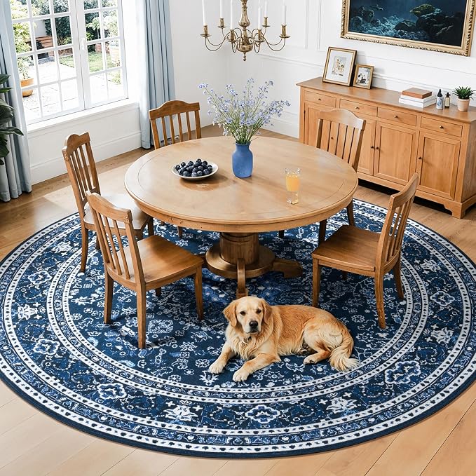 Lessymo Washable 8FT Round Area Rugs for Living Room, Non Slip Circle Rugs Low Pile Vintage Carpet for Bedroom, Dining Room, Nursery, Home Office, Blue White