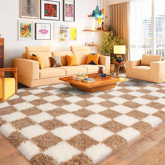 Pionblank Checkered Rug for Living Room, Modern Soft Shag 6x9 Area Rugs, Plush Fuzzy Carpet for Bedroom Girls Boys Room Home Nursery Teens Dorm Decor, Beige and Cream White