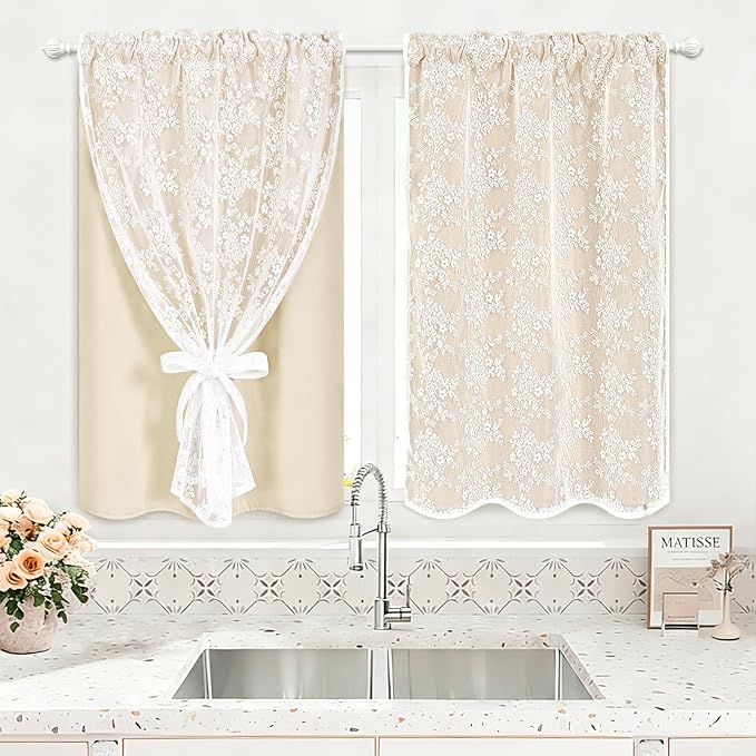 Yinhua Beige Kitchen Curtains 36 Inch Length Double Layer Blackout Cafe Curtains with Floral Sheer Overlay Rod Pocket Short Curtain for Windows, Small Window Curtain for Bathroom Living Room, 2 Panels
