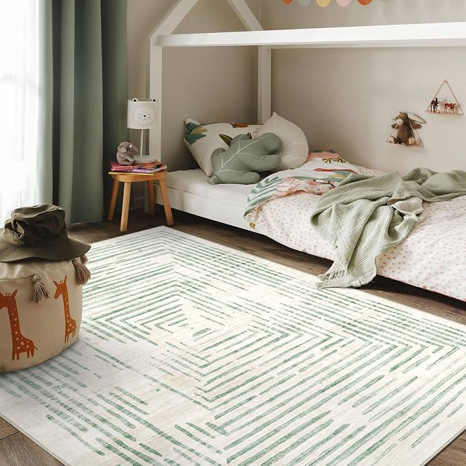 BLISSA 4x6 Washable Area Rug - Soft Modern Throw Rugs for Living Room Non-Slip Ultra-Thin Sage Green Lines Borderd Abstract Rugs for Bedroom Entryway Kitchen Foyer Mudroom Dorm Dining Room Carpet