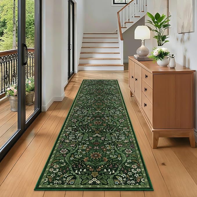 2x8 Washable Runner Rug,Dark Green Floral Boho Area Rug for Hallway,Low-Pile Non-Slip Stain Resistant Carpet for Kitchen, Bedside,Laundry Room,Entryway