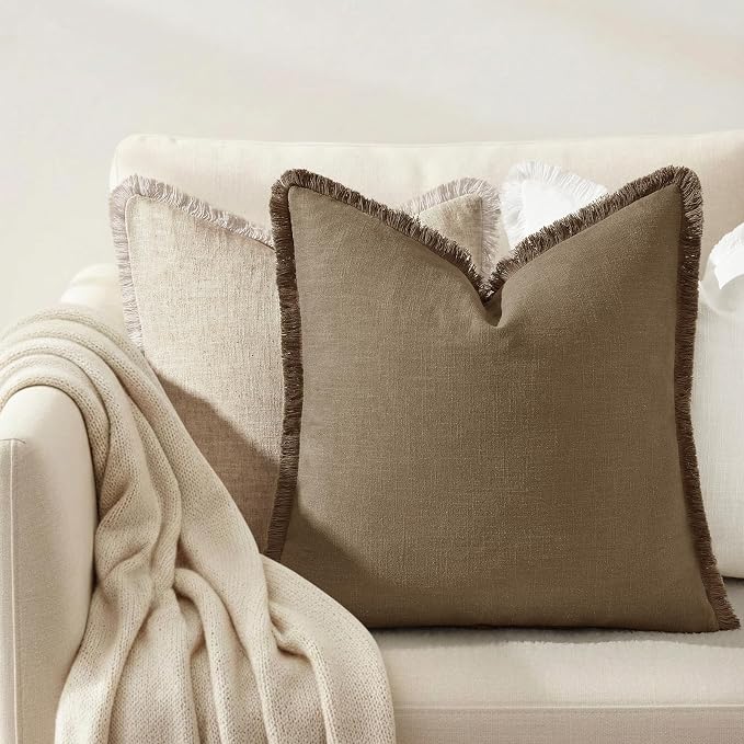 decorUhome Linen Fringe Light Brown Throw Pillow Covers 16x16 Set of 2 | Decorative Soft Accent Modern Boho Farmhouse Cushion Covers with Tassels Cotton Pillow Covers for Couch Bed Sofa