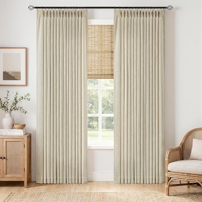 MIULEE Pinch Pleated Thick Linen Curtains 84 Inches Long 2 Panels for Living Room Bedroom, Linen Textured Memory Trained Drapes Pleat Back Tab Light Filtering Beige Window Curtains with Hooks&Rings