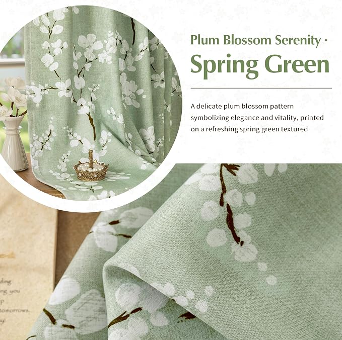 FMFUNCTEX 100% Blackout Green Floral Curtains 72 Inch Grommet 2 Panels | Black Out Drapes, Thermal Insulated Cottage Farmhouse, Blossom Flower Patterned Curtain for Bedroom, Living Room Darkening