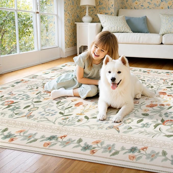 Lahome Floral Washable Area Rug 8x10, Large Vintage Non Slip Carpet for Living Room Bedroom, Low-Pile Soft Boho Rug for Dining Room Home Office, Machine Washable Home Decor, Beige