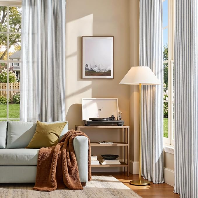jinchan Linen Curtains 96 inch Blue Stripe on Beige Grommet 2 Panels | Curtains for Living Room Bedroom,Ticking Stripe Pattern,Pinstripe Farmhouse Rustic,Window Treatment,Light Filtering