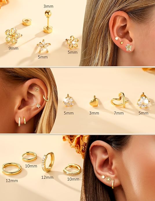 Hypoallergenic Gold Stud Earrings for Women - 14k Gold Plated Surgical Stainless Steel Flat back Earrings Set Small Huggie Hoop Flatback Earring for Sensitive Ears Screw Back Cartilage Piercing Jewelry