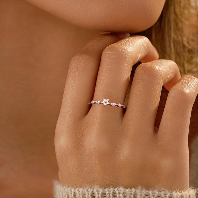 SUYACS 925 Sterling Silver Flower Rings with 6 Marquise Cut Pink Birthstone for Women Gold Plated Cute Opal Floral Small Stackable Ring Mother Daughter Statement Ring Jewelry Birthday Gifts