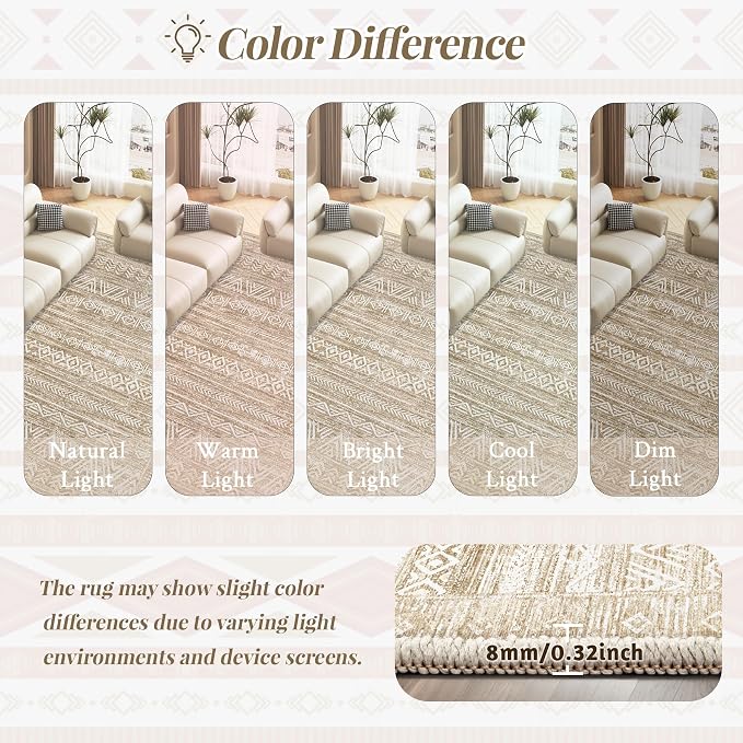 Washable Area Rug 5x7: Moroccan Rug for Living Room Geometric Boho Rug Farmhouse Non Slip Stain Resistant Rugs Low Pile Soft Carpet for Bedroom Dining Room Home Office Kids Room (Light Brown,5'x7')