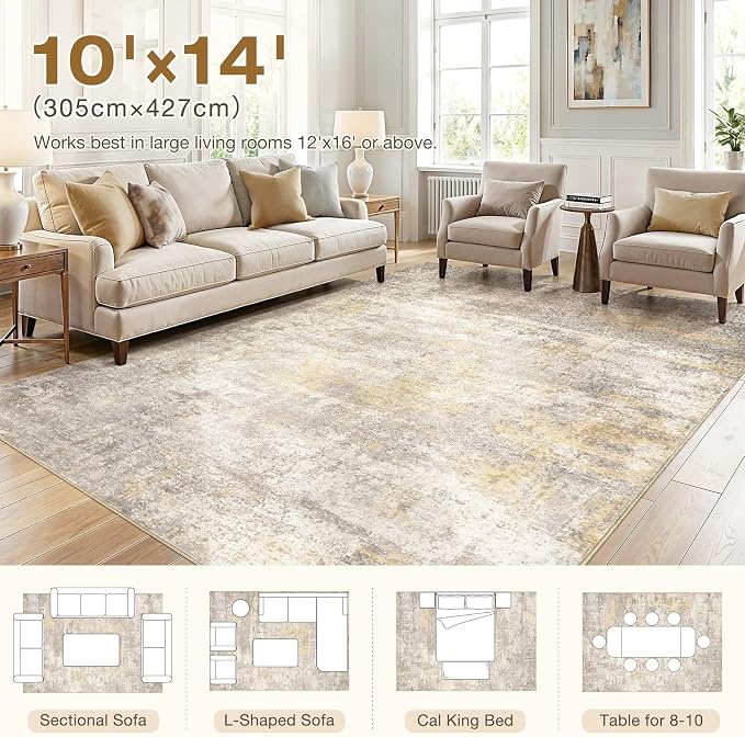 cotiled 10x14 Area Rug Abstract Soft Non Slip Washable Rugs for Living Room | Stain Resistant, Robot Vacuum & Pet Friendly, Low-pile, For Living Room, Bedroom, Dining Table, Nursery Gold/Grey/Brown