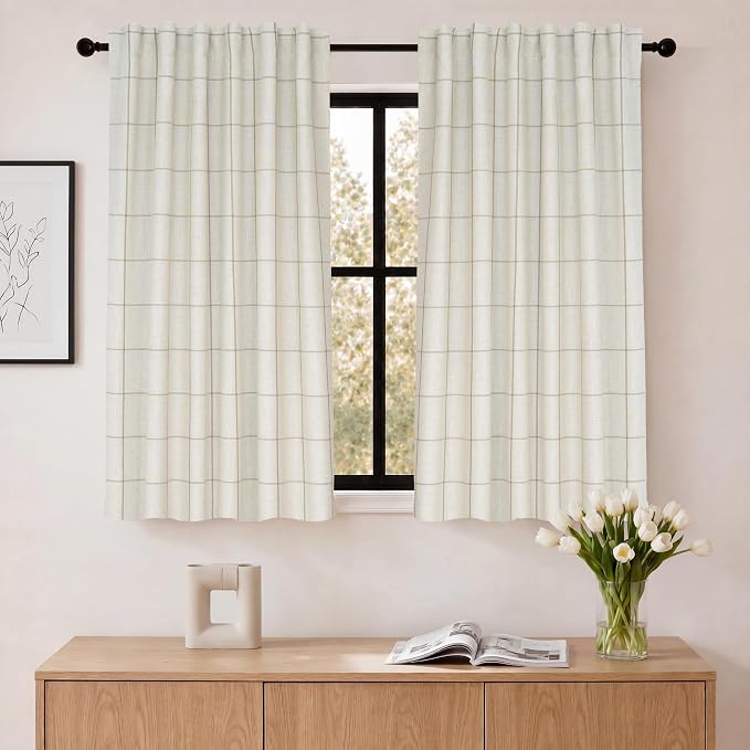 DriftAway 100% Blackout Windowpane Plaid Linen Curtains 36 Inches Taupe | Double Layer Farmhouse Drapes for Living Room Bedroom Yarn Dyed Woven Thermal Insulated Rod Pocket Back Tab 2 Panels