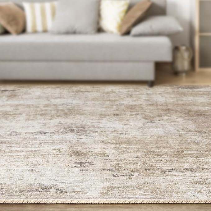 Abstract 9x12 Area Rug: Machine Washable Non Slip Ultra Thin Low-Pile Carpet, Soft Stain Resistant for Living Dining Room Bedroom, Kid Pet Friendly, Robot Vacuum Compatible - Brown