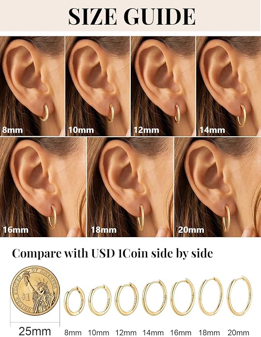 Silvora 14K Gold Plated Huggie Hoop Earrings for Women, Small Sterling Silver Hoops, Hypoallergenic Cartilage Earrings for Sensitive Ears 8/10/12/14/16/18/20MM