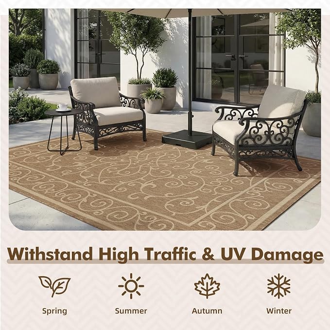 MontVoo-Outdoor Rug-Patio Rug 5x7 ft Polypropylene Indoor Outdoor Rugs Outdoor Carpet for Patio Deck Balcony Porch, Textured Weave, Durable for High Traffic, Fade-Resistant, Vintage Neutral Brown
