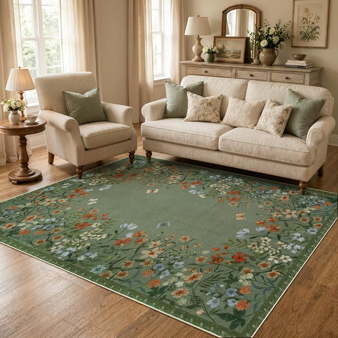 Wonnitar 5x7 Washable Area Rug, Green Floral Rug for Living Room, Boho Rug for Bedroom, Non Slip Flower Nursery Carpet, Low Pile Cottagecore Dining Room Decor (5x7 Green)