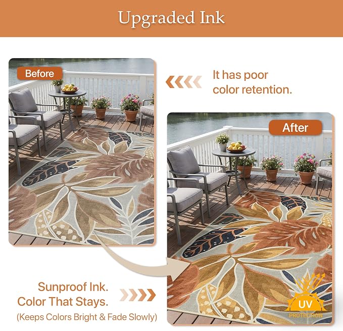 GENIMO 8x10 Outdoor Rug, Washable Quick Dry for Patio, Rust Ochre | Botanical leaf design for backyard; fade resistant chenille with quick-dry non-slip backing for indoor living rooms.