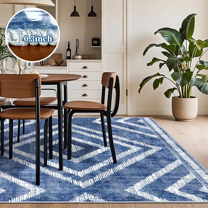 Boho Washable Rugs 5x7ft for Living Room, Low Pile Blue Bedroom Area Rug Non Slip, Moroccan Soft Kids Nursery Area Carpets for Dining Room Playroom Kitchen Home Office Decor