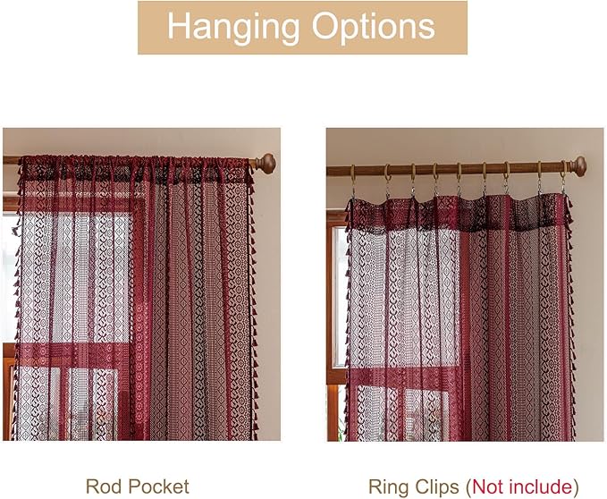Sutuo Home Burgundy Boho Lace Curtains 96 inches long for Living Room Laundry Room, Semi Sheer Curtains Farmhouse Privacy Crochet Vintage Chic Tassels Rustic Rod Pocket Christmas Decor, 2 Panels 50" W