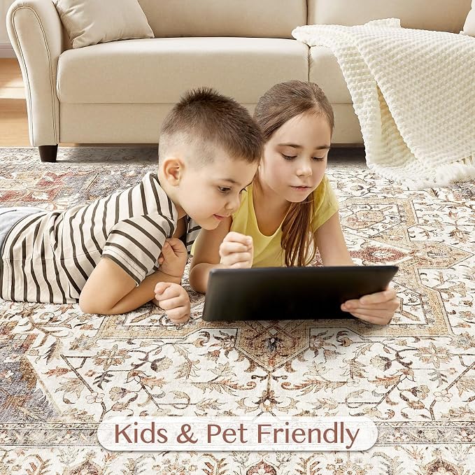Tortania Area Rug Living Room Rugs - 10x14 Washable Boho Rug Vintage Oriental Distressed Farmhouse Large Thin Indoor Carpet for Living Room Bedroom Under Dining Table Home Office - Orange Multi