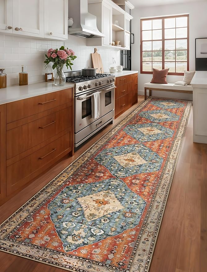 SERISSA Runner Rug for Hallways, 2'6"x14' Washable Non Slip Kitchen Runner Rug, Extra Long Boho Rug Ultra Soft Vintage Tribal Print Floor Carpet for Bedroom Hallway Entryway Bathroom Laundry Room