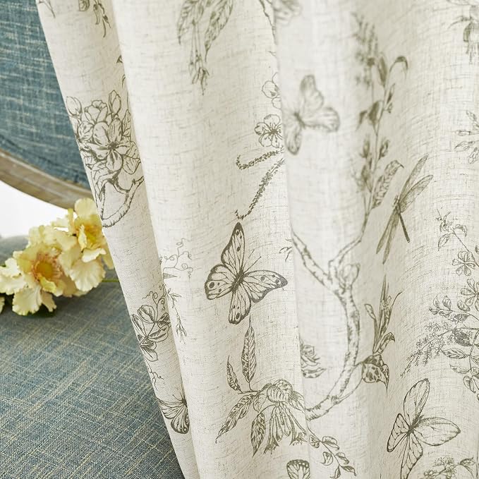 Lazzzy Charlotte Linen Green Floral Curtains 96 Inch Length Farmhouse Curtain Back Tab Drapes for Living Room Bedroom Light Filtering Vintage Rod Pocket Curtains, 2 Panels, Green on Beige