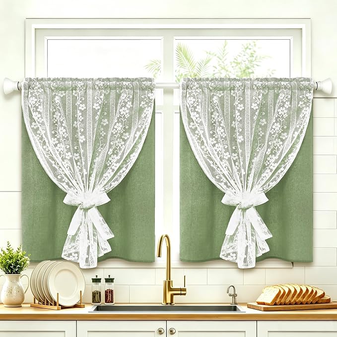 ASPMIZ Linen Kitchen Curtains Double Layer Kitchen Window Curtains Over Sink 36 Inch Sage Green Tier Curtain Light Filtering Rod Pocket Cafe Curtain Short Window Treatments with 2 Tiebacks, 26x36