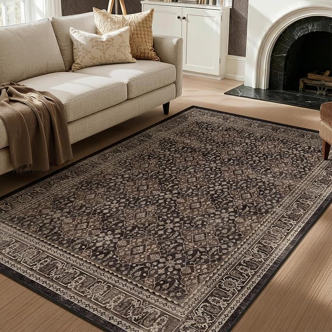 Dark Wood 5x8 Area Rug Living Room, Vintage Farmhouse Moroccan Floral Trellis Dining Room Rugs for Under Table, Washable Non Slip Thin Carpet Rug for Den/Home Office/Kitchen/Foyer, Brown Black
