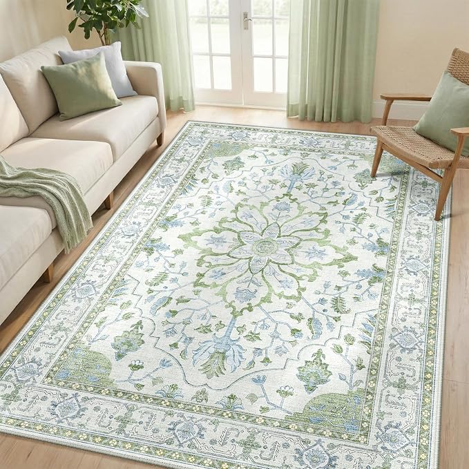 RELEANY Area Rugs 5'x8' Washable Non-Slip, Floral Vintage Distress Medallion Carpet for Living Room Bedroom Dining Room, Green White Blue