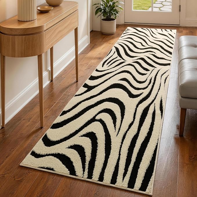 YIHOUSE 2×8 Ft Hallway Runner Rugs: Washable Zebra Striped Kitchen Rug Nonslip - Modern Black and Cream White Carpet Runner for Entryway Bedroom Bathroom Home Decor | Black and Cream White Stripe, Textured High Low Pile, Fluffy Soft, Carpet Runner for ...