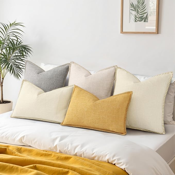 decorUhome Beige Faux Linen Outdoor Throw Pillow Covers 16x16 Set of 2 | Fall Decorative Textured Neutral Modern Farmhouse Pillow Covers with Stitched Edge for Couch Sofa Bed Living Room