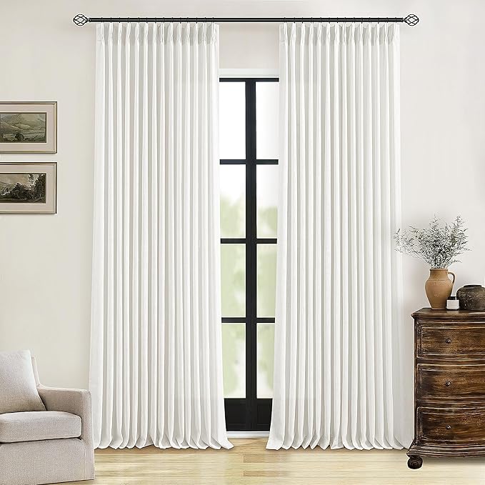Pinch Pleated Linen Curtains 112 Inches Long for Living Room Bedroom Light Filtering Boho Window Drape 112 inch 2 Panels with Hooks Ring Beige White Ivory Sliding Glass Door Semi Sheer Curtain