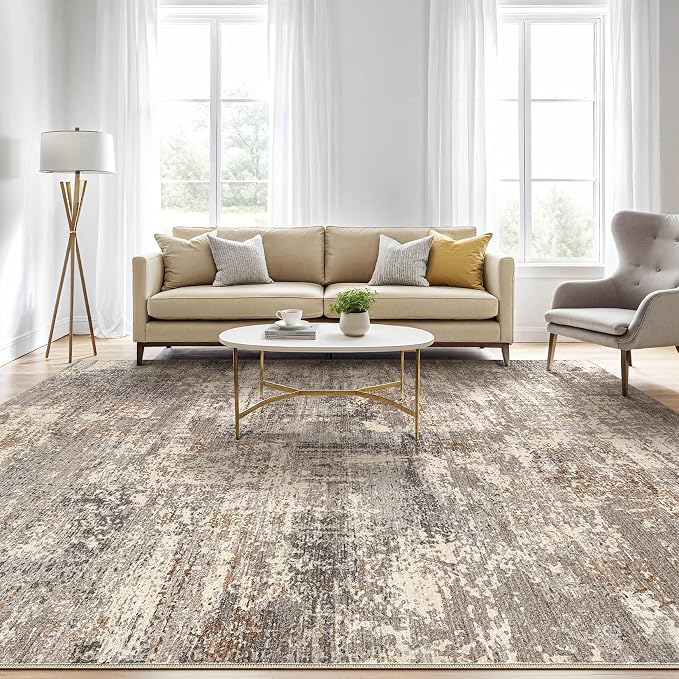 5x7 Area Rugs Living Room: Washable Large Abstract Neutral Modern Soft Rug Stain Resistant Indoor Floor Non-Slip Accent Carpet for Bedroom Nursery Playroom Dining Room Office Home- Sand Brown Black