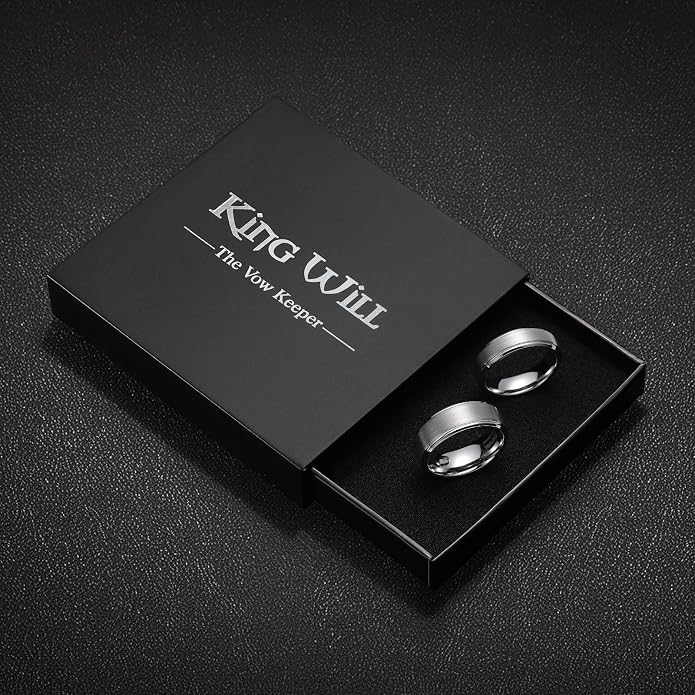 King Will Classic Tungsten Wedding Band for Men, 6/7/8/9/10mm Widths, Polished Finish Step Edge Matte Rings Comfort Fit