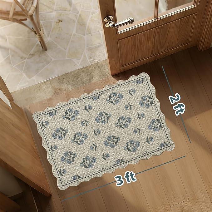 ORTIGIA Scalloped Easy Jute 2x3 Area Rug Vintage Blue Block Floral Farmhouse Washable Rug Non-Slip Indoor Outdoor Carpet for Living Room Bedroom Kitchen Patio Entryway